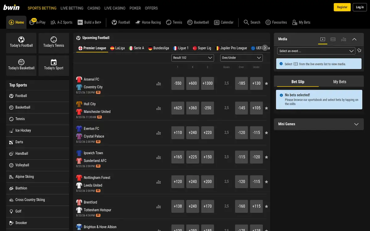 bwin homepage, captured August 2026