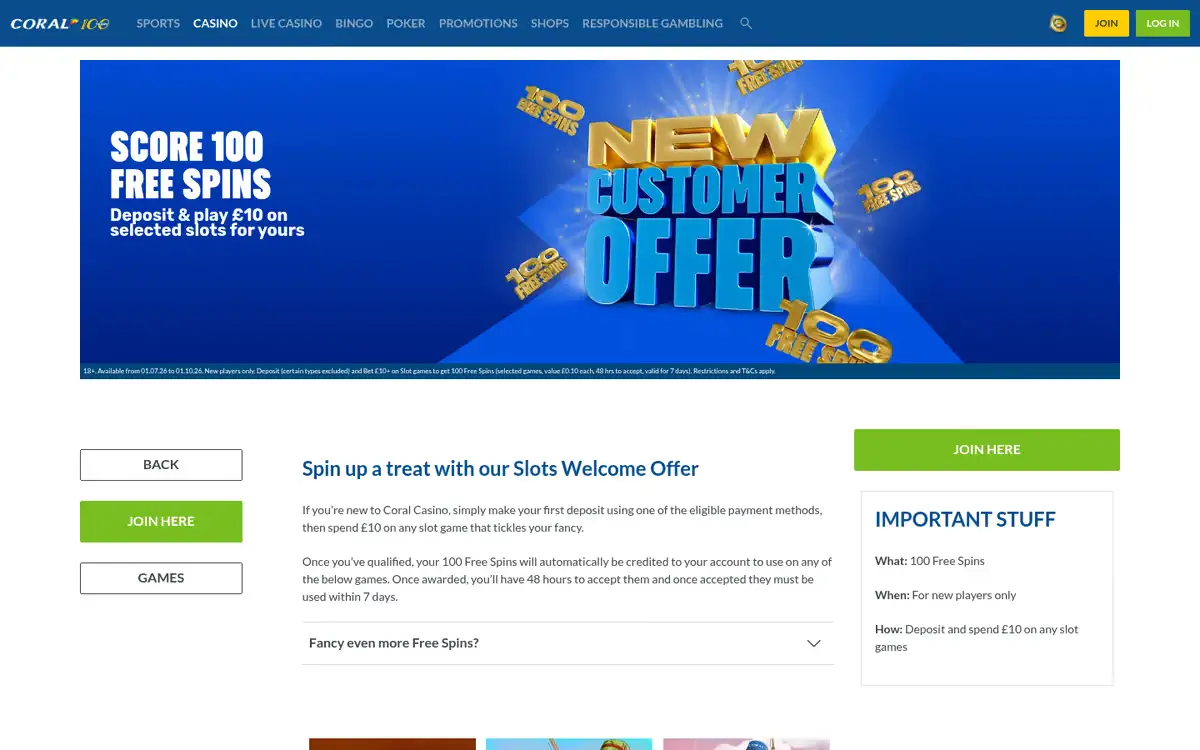 Coral casino welcome offer page, captured August 2026
