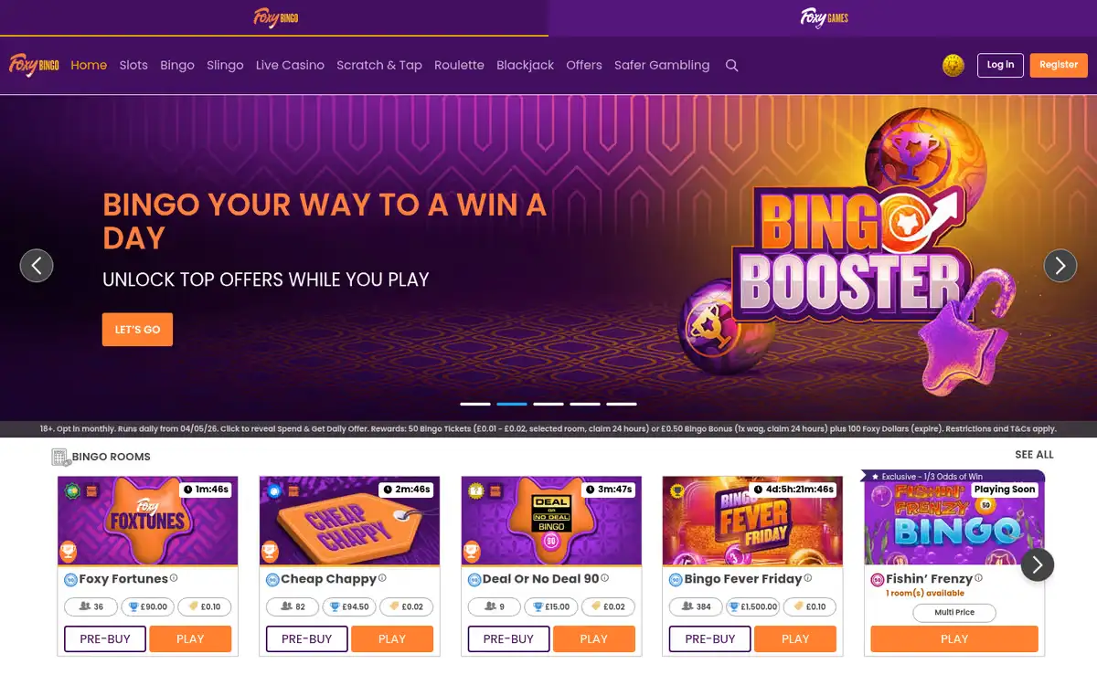 Foxy Bingo homepage, captured August 2026