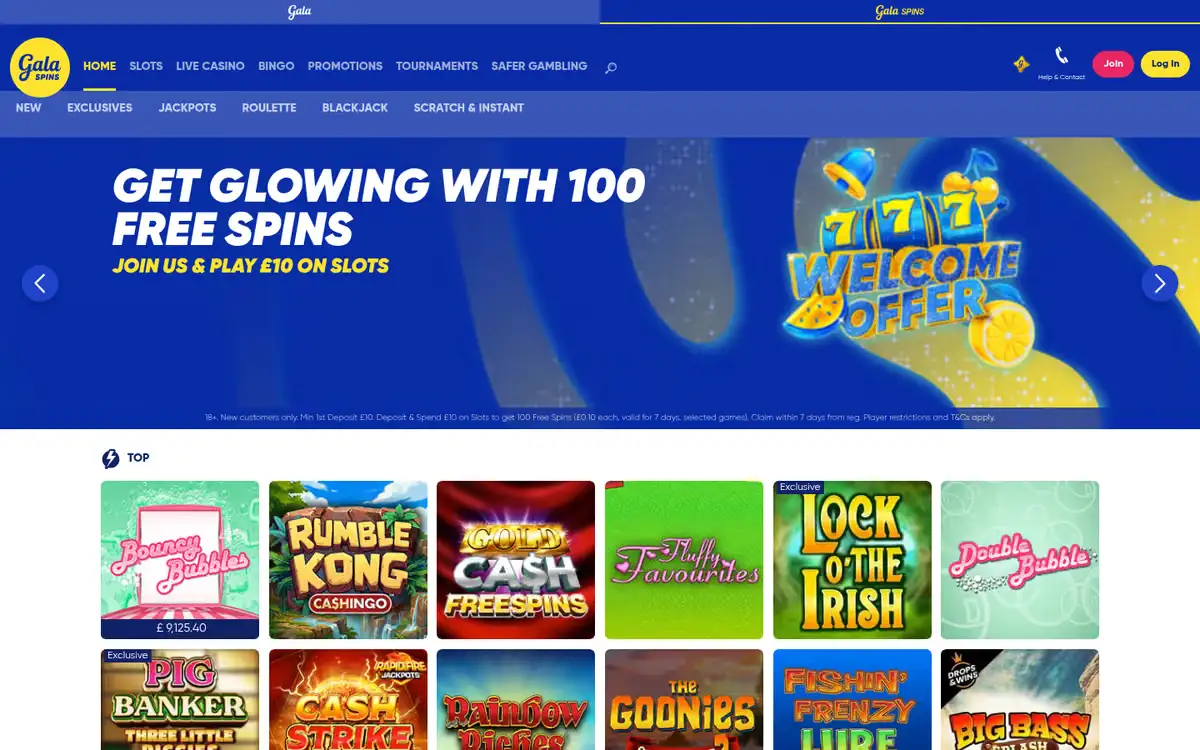 Gala Spins homepage, captured August 2026