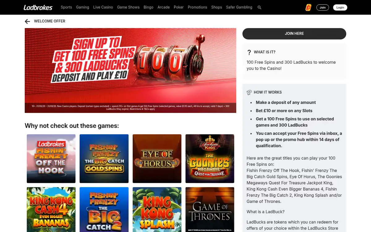Ladbrokes casino welcome offer page, captured August 2026
