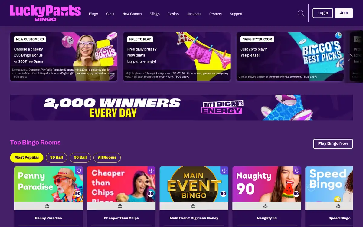 Lucky Pants Bingo homepage, captured September 2026