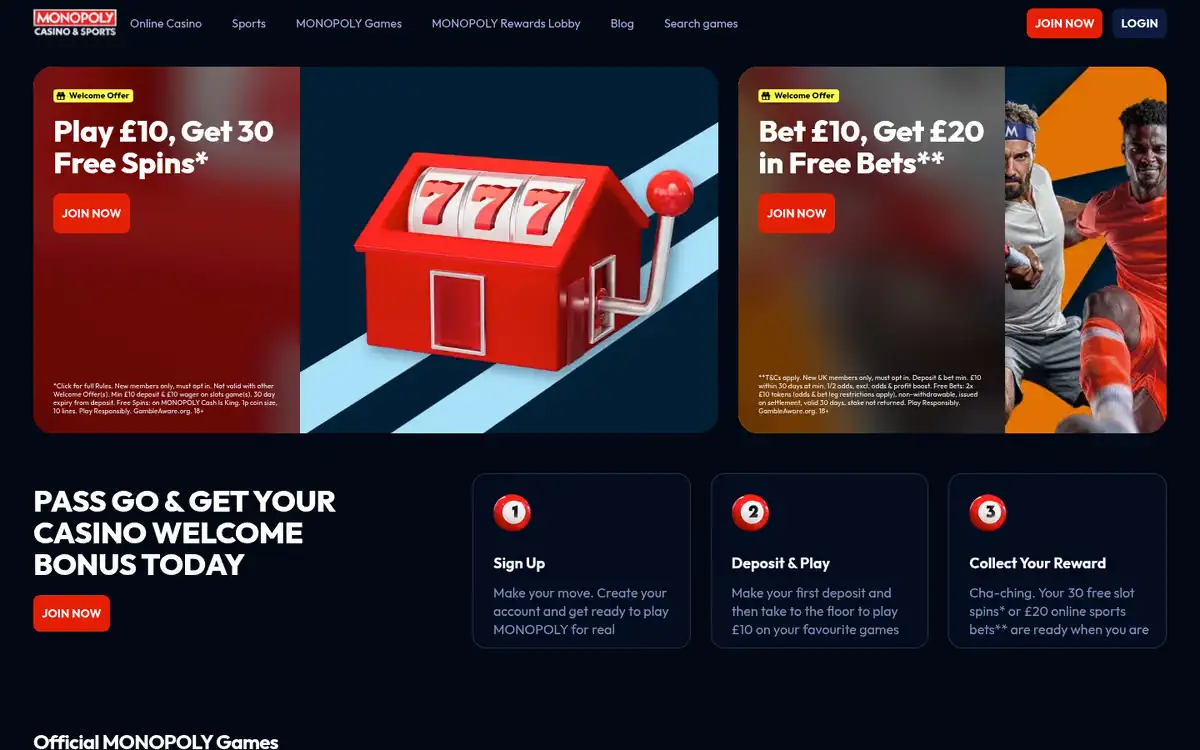 MONOPOLY Casino homepage, captured September 2026