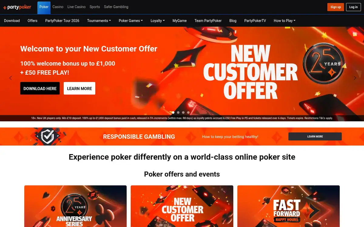 PartyPoker homepage, captured August 2026