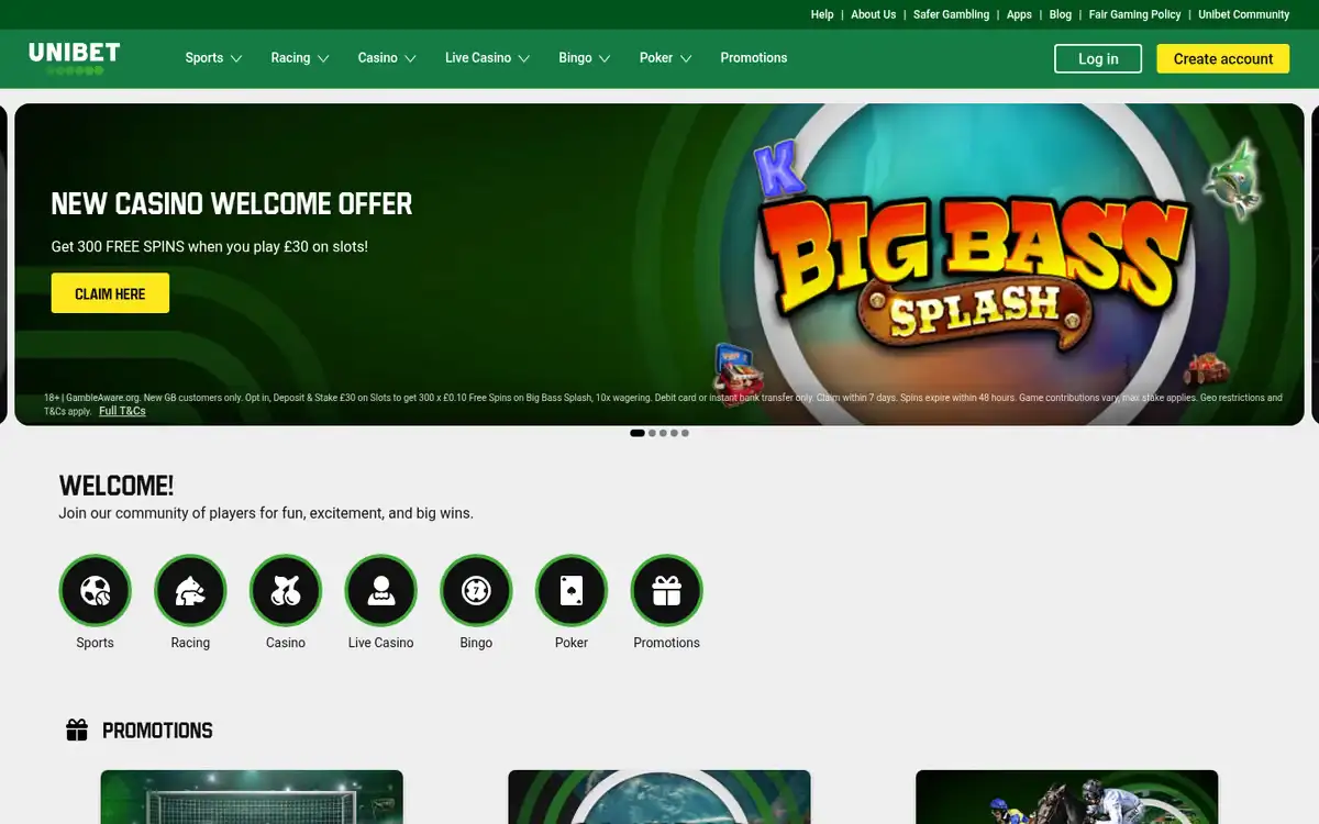 Unibet homepage, captured August 2026