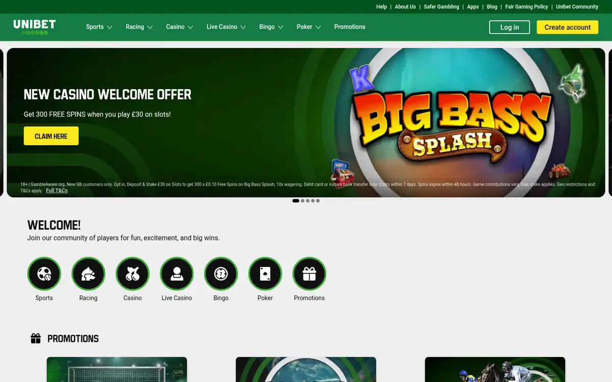 Unibet homepage, captured August 2026