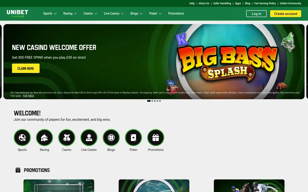 Unibet homepage, captured August 2026